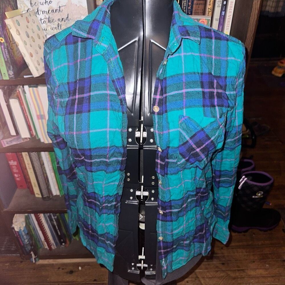 American Eagle L blue & green plaid button down shirt
